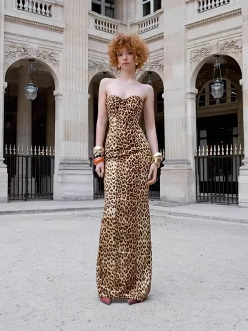 Women Sexy Leopard Print Strapless Bodycon Maxi Dress Back Slit Slim Fit Satin Finish Clubwear Party Long Dress Top And Bottom