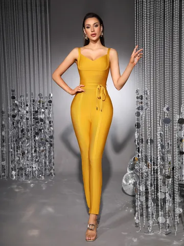 Sexy V Neck Cami Bandage Jumpsuit For Women Bodycon Sleeveless Long Pants Clubwear Party Night Out Top And Bottom