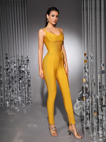 Sexy V Neck Cami Bandage Jumpsuit For Women Bodycon Sleeveless Long Pants Clubwear Party Night Out Top And Bottom