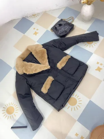 Women Elegant High-end Woolen Coat Faux Fur Collar Plush Pocket Gold Button Black Long Sleeve Outerwear Autumn Winter Fashion Top