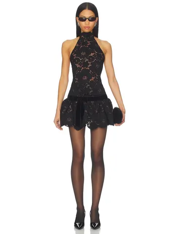Women Sexy Halter Lace Mini Dress Black Solid Color Velvet Bow Slim Fit Bodycon Eyelash Lace Trim Party Clubwear Dress