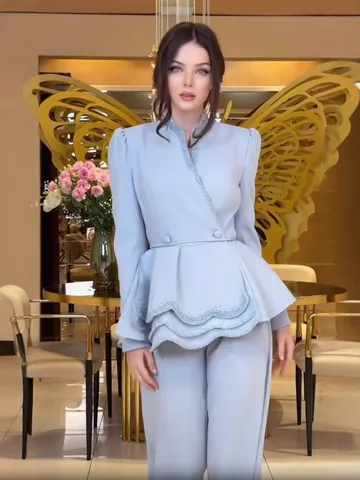 Elegant Women V-Neck Peplum Top And Bottom With Rhinestone Bead Decoration Long Sleeve Pants Skirt Set Elegant Socialite Office Suit