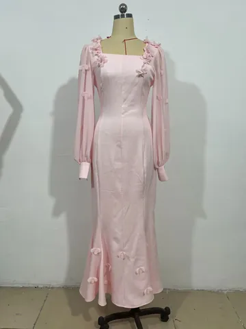 Women's 2025 Spring 3D Floral Applique Maxi Dress Elegant V-Neck Lantern Sleeve Bodycon Mermaid Banquet Evening Wedding Gown
