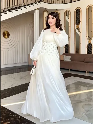Women Elegant Satin Maxi Dress Lantern Sleeve Rhinestone Waist Pleated Long Dress Solid Color Round Neck Party Gown
