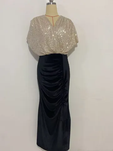Women's Sexy V-Neck Sequin Patchwork Velvet Evening Gown Elegant Long Bodycon Banquet Party Dress Top And Bottom Look