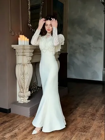 Women's Elegant Lace Long Sleeve Mermaid Evening Dress V-Neck High Waist Fishtail Prom Gown Party Wedding Guest Top And Bottom