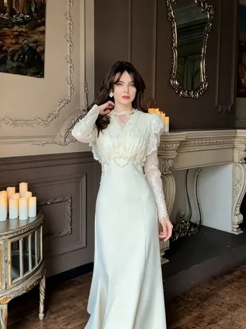 Women's Elegant Lace Long Sleeve Mermaid Evening Dress V-Neck High Waist Fishtail Prom Gown Party Wedding Guest Top And Bottom