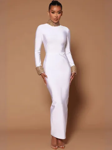 Women Elegant Bandage Maxi Dress Stand Collar Beaded Design Slim Fit Backless Hip Wrapped Evening Party Bodycon Long Dress
