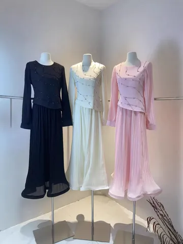 Women's Long Sleeve Pleated Maxi Dress Rhinestone Embellished Tie-Dye Texture Top And Bottom For Casual Party Banquet