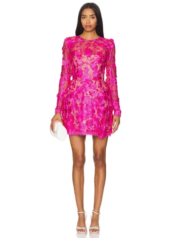 Elegant European Style Rose Red Lace Mini Dress With 3D Handmade Flower Embroidery Long Sleeve Slim Fit Party Dress