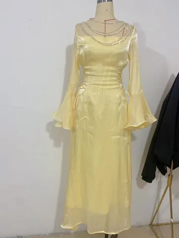 Polyester Chain Neck Maxi Dress Sexy Crinkled Flare Sleeve Slim Fit Elegant Solid Color Evening Party Wedding Guest Dress