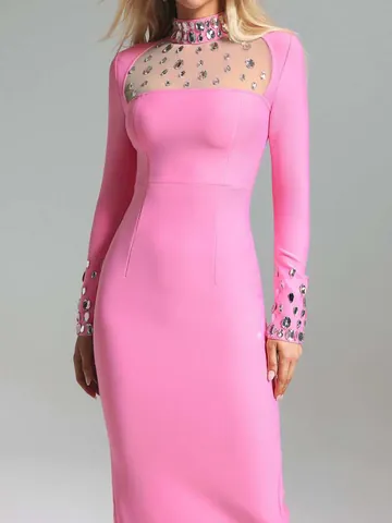 Women Elegant Mesh Splice Rhinestone Bodycon Maxi Dress Long Sleeve Round Neck Slim Fit Split Evening Party Dress