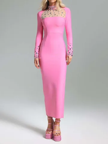 Women Elegant Mesh Splice Rhinestone Bodycon Maxi Dress Long Sleeve Round Neck Slim Fit Split Evening Party Dress