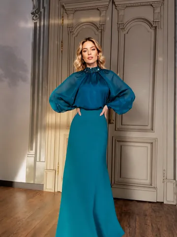 French Style Polyester Pleated Evening Gown Top And Bottom High Neck Beaded Puff Sleeve Long Dress For Women Party Wedding