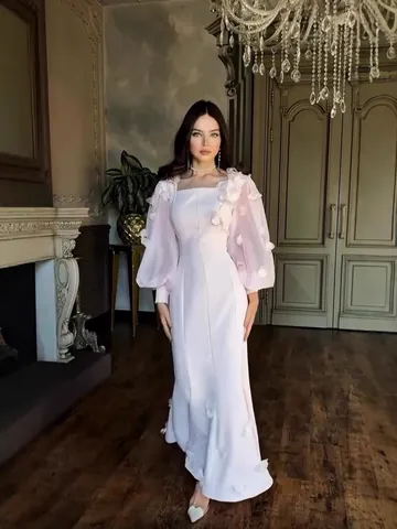 Women's 2025 Spring 3D Floral Applique Maxi Dress Elegant V-Neck Lantern Sleeve Bodycon Mermaid Banquet Evening Wedding Gown