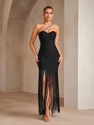 Women Sexy One Shoulder Bandage Dress With Rhinestone Chain Tassel Trim Slim Fit Evening Party Bodycon Midi Dress