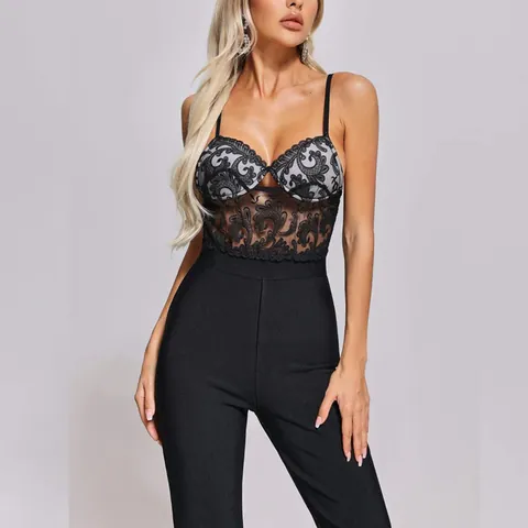 Women Black Lace Corset Jumpsuit Hepburn Style Bandage Slim Fit Flare Leg One Piece Bodycon Spaghetti Strap Long Pants Outfit