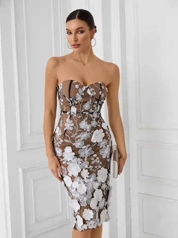 Women Strapless Mesh Embroidery Floral Dress Slim Fit Bodycon Cocktail Party Evening Prom Gown Vacation Beach Dress
