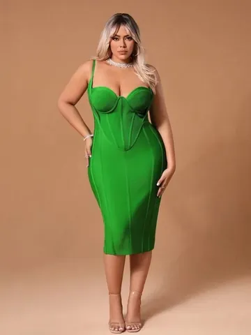 Women's Sexy Green Bandage Midi Dress Spaghetti Strap Bodycon Corset Party Top And Bottom Plus Size Dress