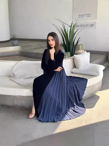 Women Velvet Patchwork Pleated Cardigan Robe Long Sleeve Open Front Maxi Abaya For Fall Winter Casual Outerwear Dress