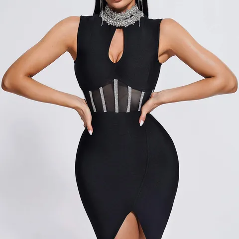 Women High Neck Rhinestone Hollow Mesh Bandage Dress Sexy Front Slit Sleeveless Bodycon Party Club Midi Dress