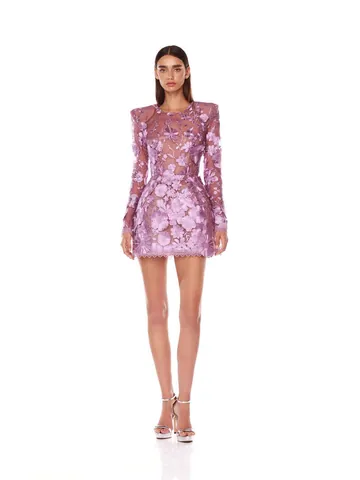 Women Elegant 3D Floral Lace Dress Long Sleeve Bodycon Mini Dress For Banquet Party Purple Rose Red Polyester Spandex Dress