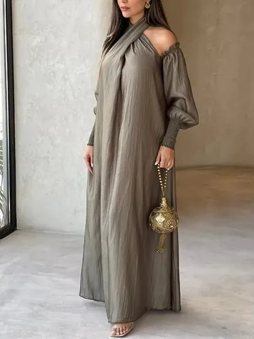 Women Cold Shoulder Halter Neck Pleated Maxi Dress Long Sleeve Bohemian Loose Fit Polyester Long Dress For Daily Party