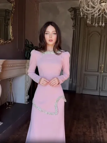 Women Elegant Rhinestone Inlaid Long Sleeve Polyester Dress Top And Bottom Luxury Party Evening Slim Fit Gown