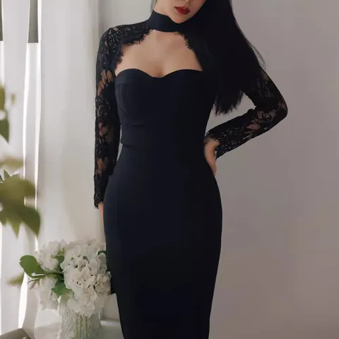 Women Sexy Halter Lace Mesh Patchwork Bandage Midi Dress Elegant Long Sleeve Bodycon Party Evening Dress Back Zipper
