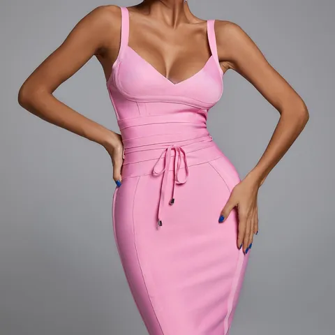 Women Sexy V Neck Spaghetti Strap Bandage Dress Bodycon Mini Party Club Dress With Belt Polyester Slim Fit Back Zipper Summer Dress