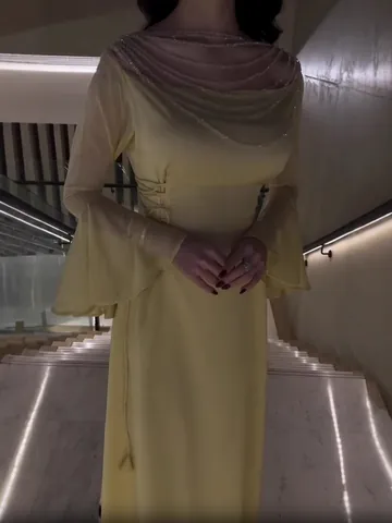 Polyester Chain Neck Maxi Dress Sexy Crinkled Flare Sleeve Slim Fit Elegant Solid Color Evening Party Wedding Guest Dress