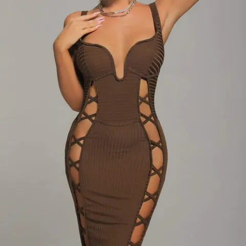 Women Sexy Ribbed Bandage Dress Hollow Out V Neck Backless Midi Clubwear Bodycon Party Evening Dress Solid Color Slim Fit