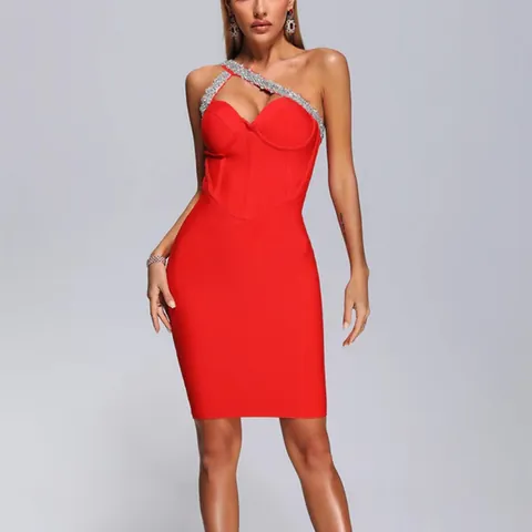 One Shoulder Halter Rhinestone Bandage Dress For Women Sexy Backless Bodycon Mini Party Dress Clubwear
