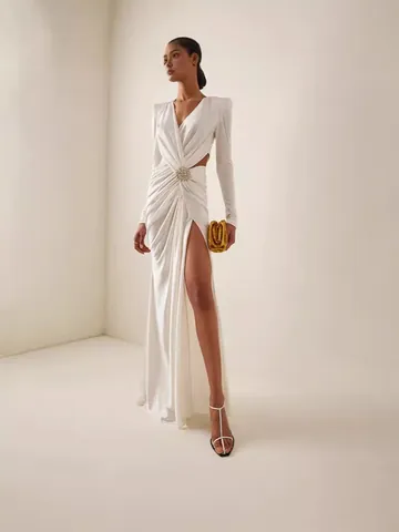 French Style V-Neck Long Sleeve Cut-Out Evening Maxi Dress With Slit And Rhinestone Buckle Top And Bottom
