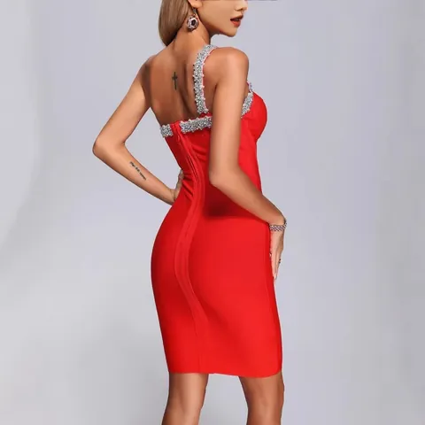 One Shoulder Halter Rhinestone Bandage Dress For Women Sexy Backless Bodycon Mini Party Dress Clubwear