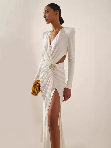 French Style V-Neck Long Sleeve Cut-Out Evening Maxi Dress With Slit And Rhinestone Buckle Top And Bottom