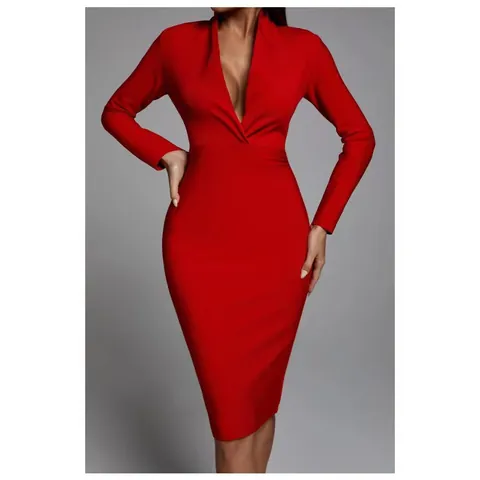Elegant Deep V-Neck Long Sleeve Bandage Dress Sexy Bodycon Ruched Waist Party Banquet Midi Dress For Women Clubwear
