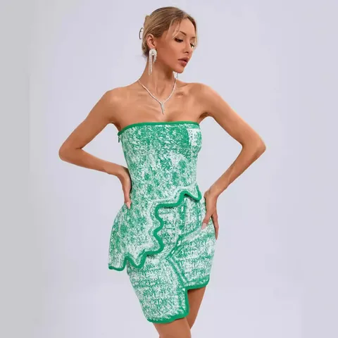 Women Sexy Tube Top And Bottom Irregular Jacquard Mini Skirt Set Elegant Contrast Color Sleeveless Evening Party Dress