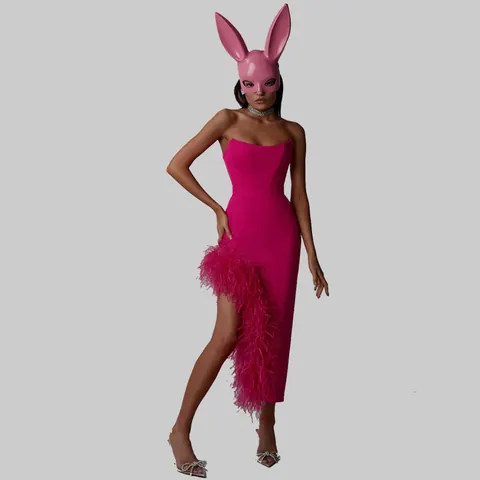 Sexy Strapless Ostrich Feather Maxi Dress For Women Irregular Slit Bodycon Bandage Dress Elegant Evening Party Formal Gown