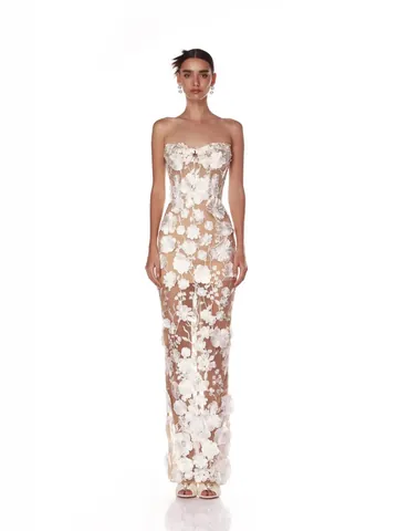 Elegant Women Strapless 3D Floral Applique Maxi Dress Mesh Patchwork Bodycon Evening Gown Celebrity High Waist Party Dress