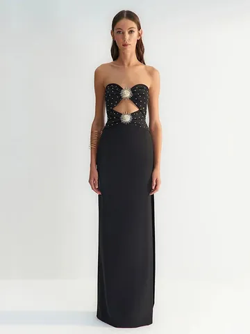 Women Elegant Rhinestone Cut-out Bandage Maxi Dress Metal Sun Accessory Off-Shoulder Slim Fit Evening Banquet Party Dress