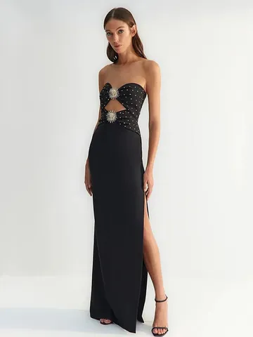 Women Elegant Rhinestone Cut-out Bandage Maxi Dress Metal Sun Accessory Off-Shoulder Slim Fit Evening Banquet Party Dress