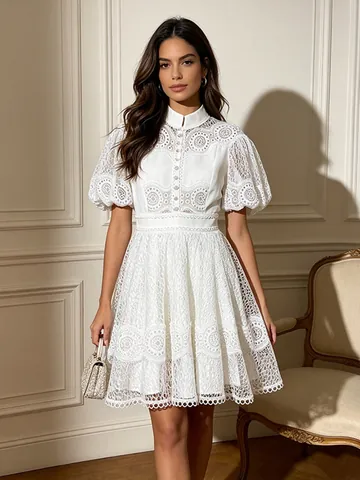 Elegant Stand Collar Puff Sleeve Embroidered Patchwork High Waist Mini Dress For Women Summer Solid Color A-Line Fashion Dress