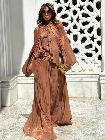 French Style Pleated Maxi Dress For Women Elegant Puff Sleeve Tie Neck Solid Color Vacation Long Dress Top And Bottom