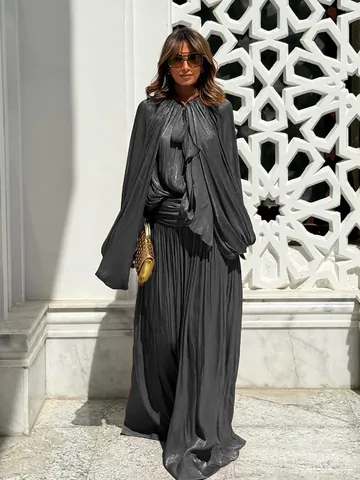 French Style Pleated Maxi Dress For Women Elegant Puff Sleeve Tie Neck Solid Color Vacation Long Dress Top And Bottom
