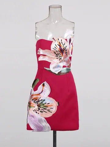 Elegant Women Tube Top Embroidery Mini Dress Fuchsia White Off-Shoulder Niche Design Floral High Waist A-Line Party Dress