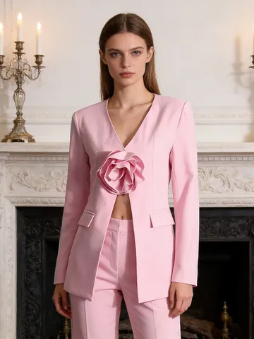 Women Elegant Polyester Blazer Unique 3D Patchwork Flower Design Slim Fit V-Neck Single Button Waist Cinching Blazer Top