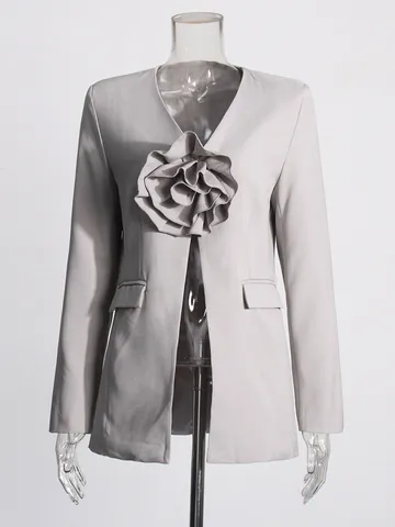 Women Elegant Polyester Blazer Unique 3D Patchwork Flower Design Slim Fit V-Neck Single Button Waist Cinching Blazer Top