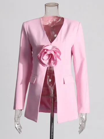 Women's V-Neck Flower Patchwork Slim Fit Blazer Jacket Sexy Long Sleeve Single Button Office Party Designer Outerwear Top