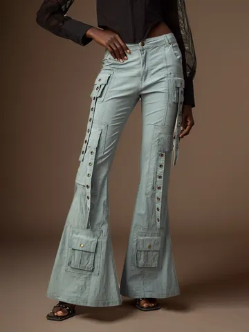 Women Low Waist Cargo Flared Jeans Spicy Girl Style Distressed Bell Bottom Denim Pants With Eyelet Straps And Multi Pockets